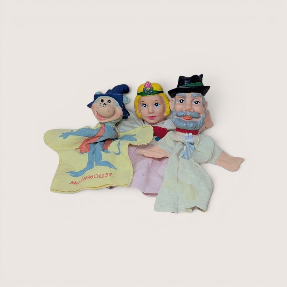 Vintage Rubber Face Hand Puppets Set Including Ideal Mushmouse
